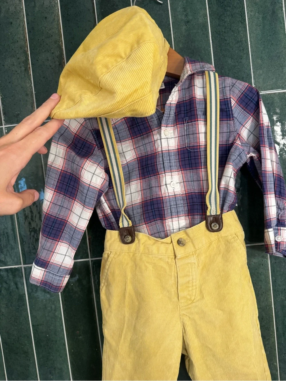 Janie and Jack Yellow Corduroy Overalls Set with Striped Suspenders and Cap